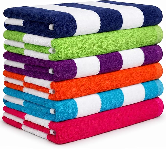 BolBom*S Beach Towels 6 Pack Large 30x60-100% Cotton Beach & Pool Towels Bulk Cabana Stripe - Quick Dry Bath Towel Set for Swim, Beach Essentials, Bathroom, Hot Tub, Yoga, Hôtel & Airbnb Guests