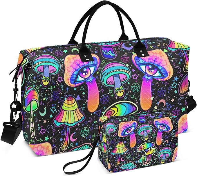Magic Mushrooms Quilted Travel Bags Weekender Duffle Bags With Toiletry Bag Carry on Overnight Duffels Yoga Gym Bag for Airplanes Business Sports