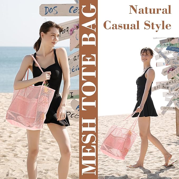 Tavaleu Mesh Beach Bag, Beach Bags for Women, Woven Straw Beach Tote Bag Waterproof with Inner Pocket, Packable Beach Bag