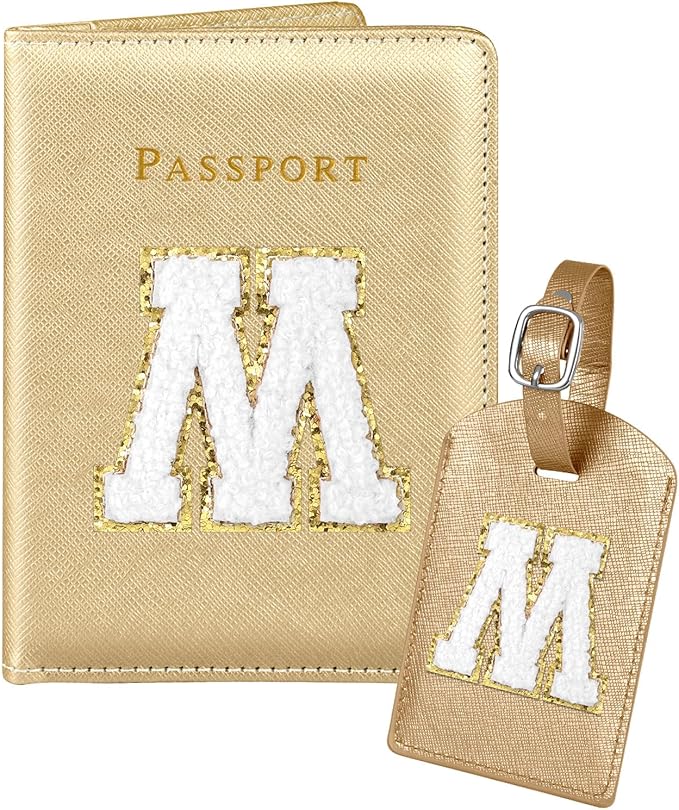 Slohif Passport Holder Initial Lugguage Tag Set Suitcase Cover Wallet Case for Travel Women - Leather Letter Passport Book Personalized Organizer Card Protector Sleeve Essentials Slim Carrier Gold M