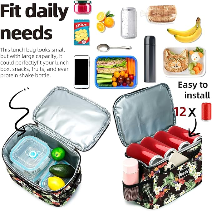 BEIMILY Lunch Box for Men/Women,Lunch Bag,Small Insulated Lunch Soft Cooler Bag Tote,Small Lunch bag for work,Adult Lunch Box,Reusable Leakproof Lunch Bag with Adjustable Shoulder Strap(floral red)