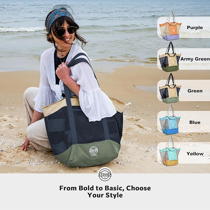 STOVER Extra Large Mesh Beach Bag, Vacation, Pool, Shopping & Travel Tote - Foldable w/Storage Pouch & Pockets for Women, Men