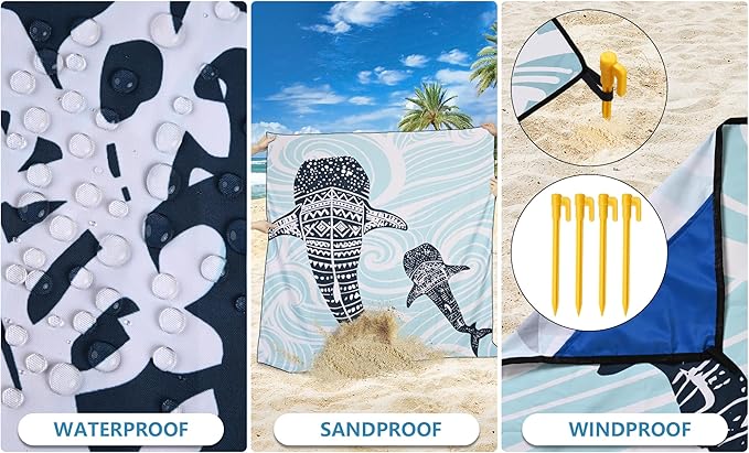 Beach Blanket Waterproof Sandproof Beach Mat 79”x 83” for 1-8 Adults Quick Drying Durable Outdoor Picnic Mat for Beach Festival Travel Camping Hiking (Whale, 79"×83"(4 Person))