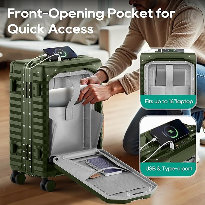 Joyway 20 Inch Carry on Luggage with Aluminium Frame and Front Pocket, PC Hardshell Suitcase with USB Port and Cup Holder, 21.5x14.2x9 Airline Approved Luggage with Spinner Wheel, TSA Lock(Dark Green)