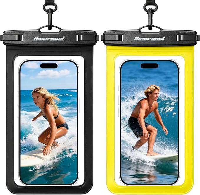 Hiearcool Waterproof Phone Pouch,Waterproof Cell Phone Dry Bag for iPhone,Universal Waterproof Case Beach Essentials for Vacation Kayak Cruise Accessories Must Haves-Black&Yellow-2Pack