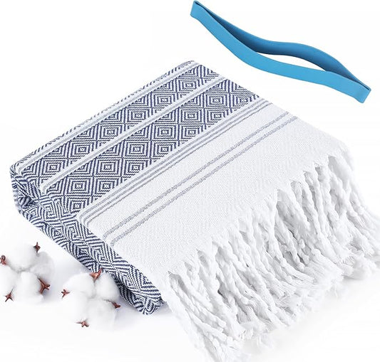 Genovega Oversized Cotton Turkish Beach Bath Towel Set 74"x38" Extra Large Sand Free Quick Dry Swim Camping Pool Clearance Towels Travel Blanket Adult Essentials Stripe Dark Blues