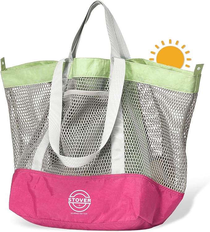 STOVER Extra Large Mesh Beach Bag, Vacation, Pool, Shopping & Travel Tote - Foldable w/Storage Pouch & Pockets for Women, Men