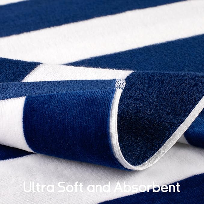 cabanana Large Oversized Beach Towel - 35 x 70 Inch Cotton Pool Towel, Royal Blue Striped Soft Cabana Swim Towel