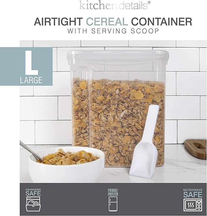 Kitchen Details Cereal Container with Scooper | Large | Airtight | Food Tin | Keeps Fresh | Kitchen & Pantry Storage Organizers | Clear