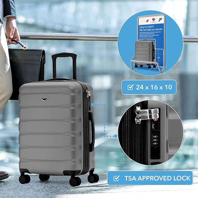 Flight Knight 24x16x10 Expandable Carry On Suitcase Hardside TSA Lock USB C Lightweight Luggage Silent Double Spinner Wheels Maximum Overhead Carry-On Bag For Virgin South West Approved Charcoal