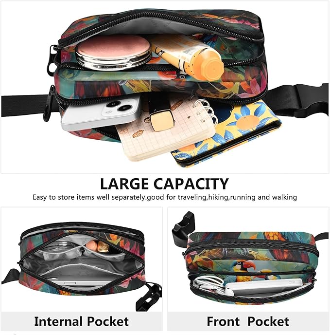 Tropical Rainforest Parrots Fanny Pack for Women Men Water Resistant Fashion Waist Packs with Adjustable Strap Belt Bag for Travel Workout Jogging Hiking 21219641