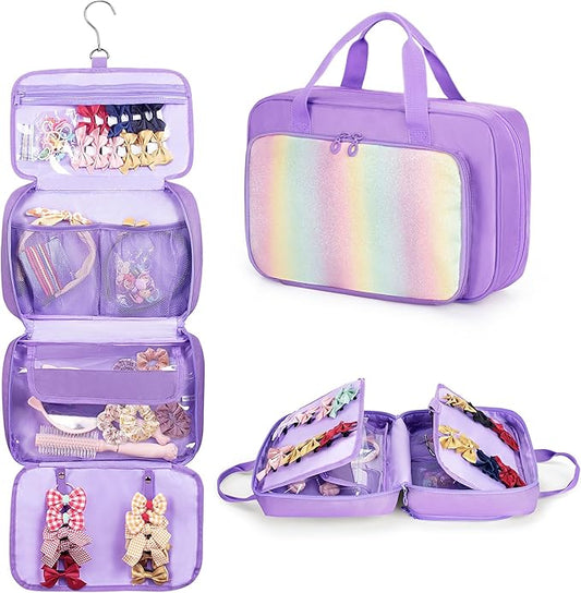 Hanging Hair Accessories Organizer, Bow Holder for Bay Girls, Travel Hair Storage Hook Bag For Clips, Ties, Headbands, Scrunchies, Purple