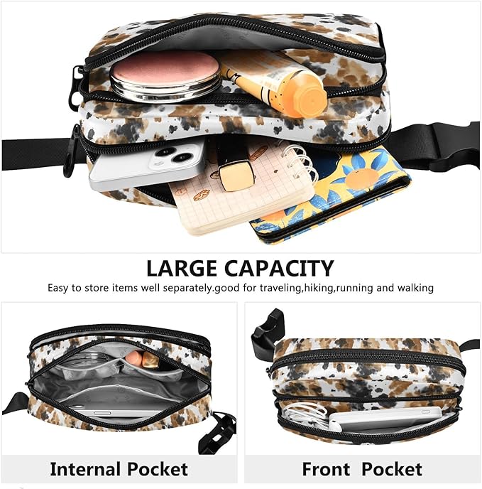 Brown Black Cow Print Fanny Pack for Women Men Water Resistant Fashion Waist Packs with Adjustable Strap Belt Bag for Travel Workout Jogging Hiking 21219299