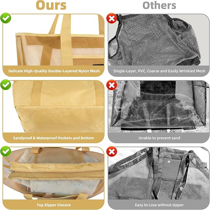 Mesh Beach Bag - Large Waterproof Beach Tote Bag with Zipper, Oversized Foldable Lightweight Family Swim Bag Vacation