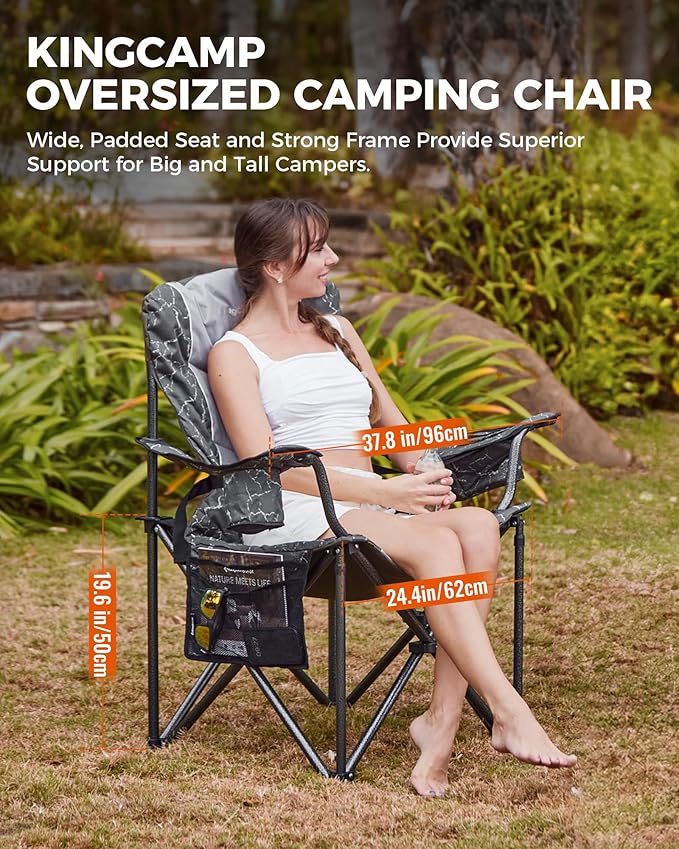 KingCamp Oversized Camping Folding Chair, Heavy Duty 450 LBS with Lumbar Support, Padded seat with Cup Holder&Cooler Bag, Ideal for Camp, Fishing, Sports Event, Backyard, Patio, Lawn (Lava Grey)