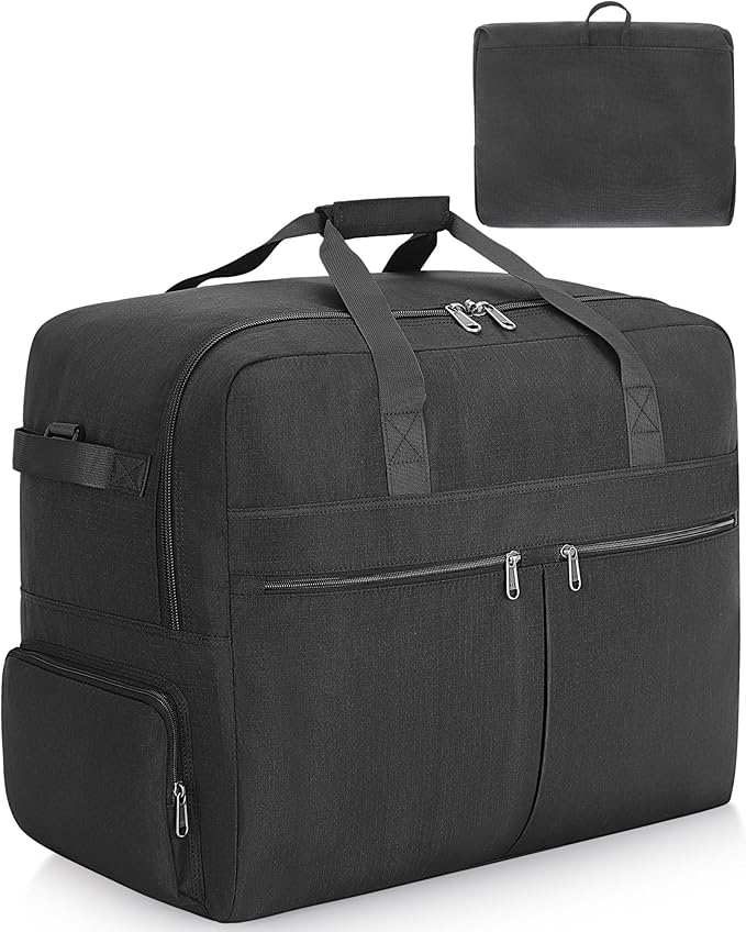 80L Foldable Large Travel Duffle Bag for Men and Women, Packable Duffel Bags with Shoe Compartment, Water Repellent & Tear Resistant (Black)