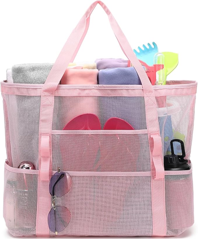 Mesh Beach Bag with Zipper, Large Beach Tote for Women, Toys Pool Swim Bag Travel Vacation Cruise Essentials