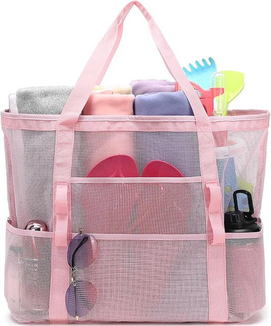 Mesh Beach Bag with Zipper, Large Beach Tote for Women, Toys Pool Swim Bag Travel Vacation Cruise Essentials