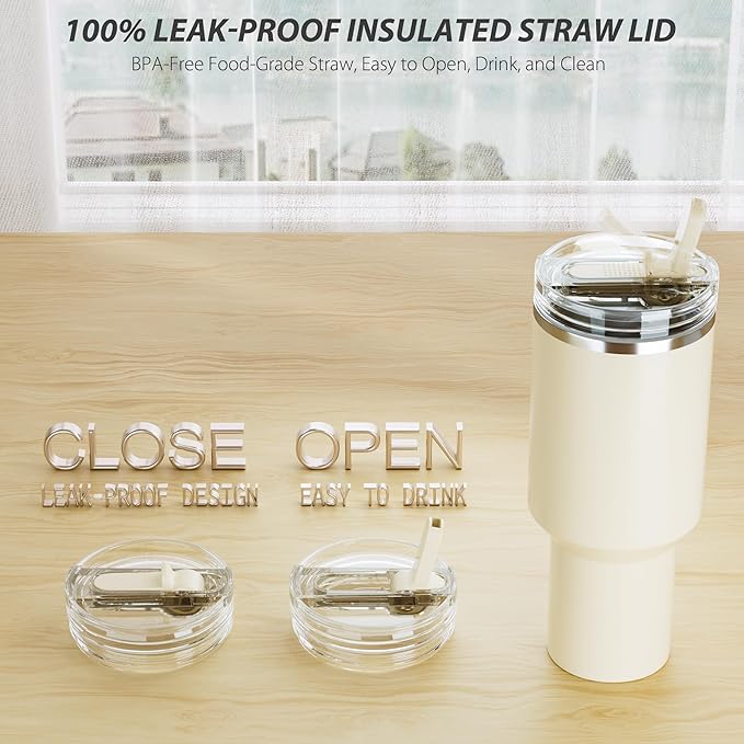 1 Pack Replacement Lid for Stanley 40 oz Quencher H2.0 & ProTour, Flip Straw Tumbler Lid for Stanley Cup, Leakproof, No Spill & Easy to Use Reusable Tumbler Cover(Cream-1P)
