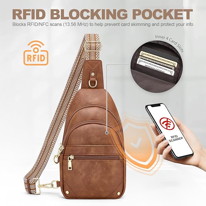 Anti Theft Crossbody Bags for Women, RFID Sling Bag Travel Purse, RFID Cross Body Purses Chest Bag for Travel Brown