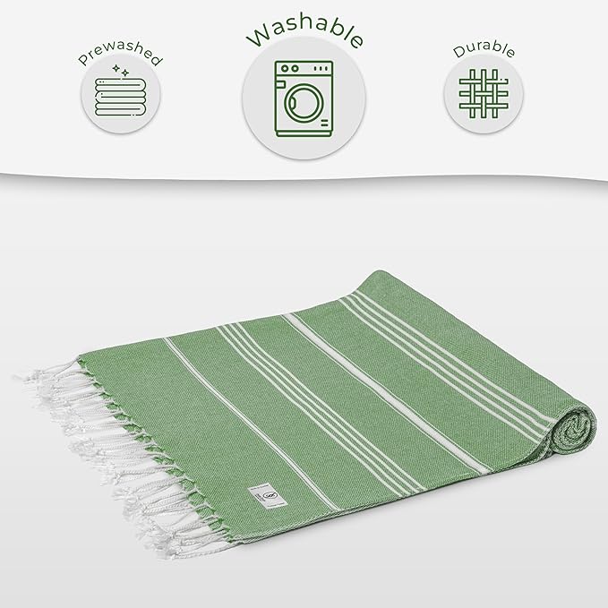 Turkish Beach Towel Absorbent & Quick Dry Oversized (39" x 71") - Decorative, Versatile and Functional as Yoga Mat, Picnic Blanket, Travel Blanket, Bath, Cruise, Gym Towel - Green