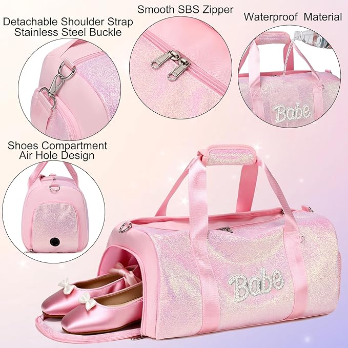 Glitter Dance Bag for Girls Ballet Bag Shiny Sports Duffle Bags with Shoes Compartment and Waterproof Dry Wet Separated Compartment
