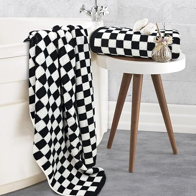 Jacquotha Black & White Checkered Cotton Bath Towels Set of 2 - Cute Aesthetic Towels for Bathroom Decor, Pool, Beach, Spa, 27.5" x 55"