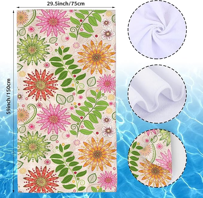 Floral Beach Towel,Spring Colorful Vivid Floral Flowers Lightweight Compact Sand Free Quick Dry Oversized Pool Swimming Towels for Girls Women Adults,29.5"×59"