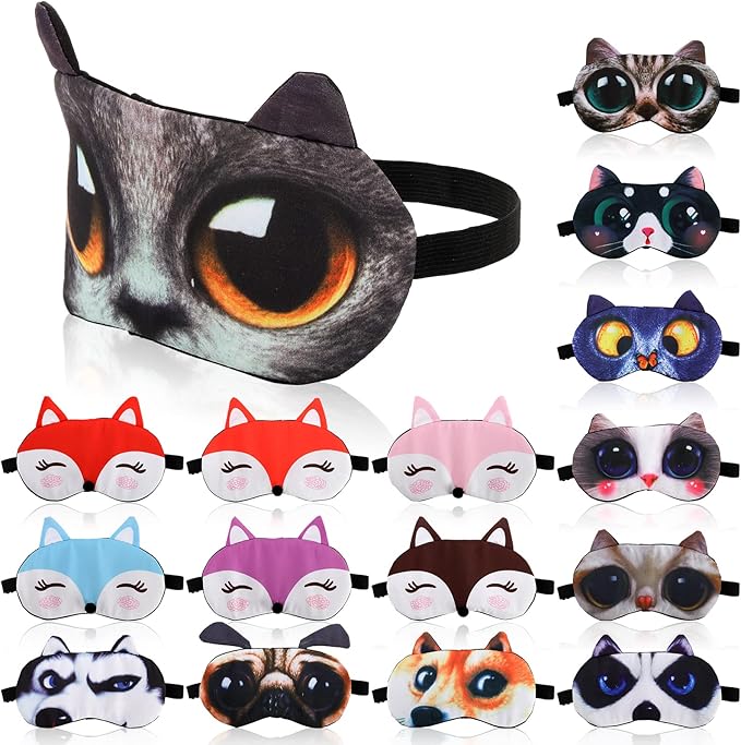 ZOOFOX 16 Pack Cute Animal Eye Mask, Soft Blackout Blindfold Sleeping Mask with Adjustable Strap, 3D Funny Eye Cover for Women Men Kids Plane Travel Yoga Office Snap Night Sleeping