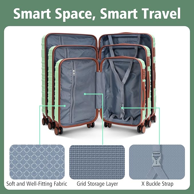 Luggage Sets 3 Piece, 100% PC Hardside Luggage with Spinner Wheel TSA LOCK Lightweight Quiet Suitable for Men and Women, Family Travel 20/24/28 Light Green