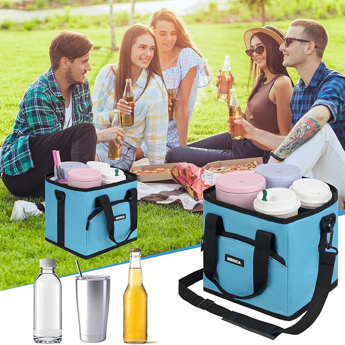 Reusable Drink Carrier with Handle – Insulated, Collapsible 4-Cup Beverage Bag with No-Spill Base, Adjustable Dividers & Shoulder Strap, Portable Caddy for Delivery, Car and Travel, Blue