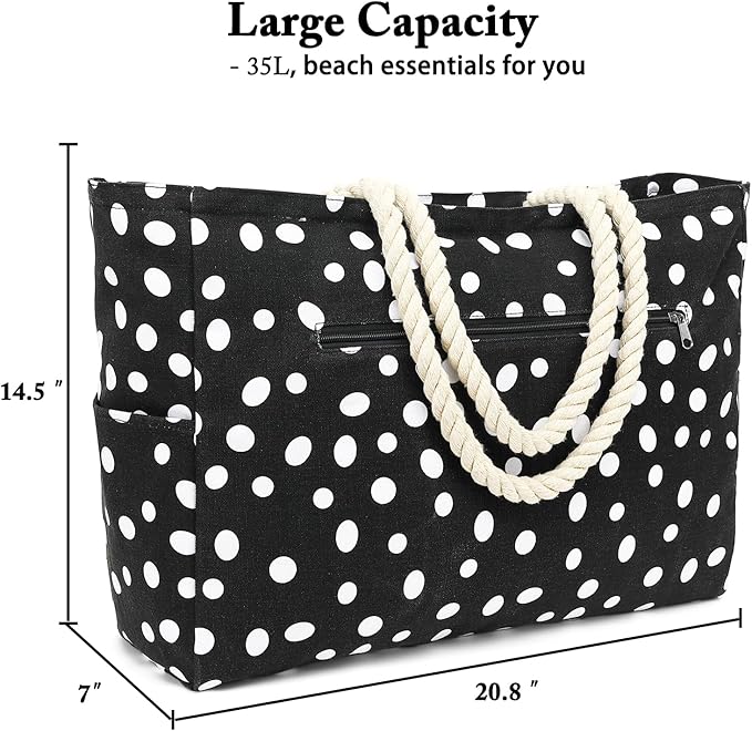 Large Canvas Beach Bag for Women, Beach Bags Waterproof Sandproof with Zipper & Wet Bag Cruise Essentials