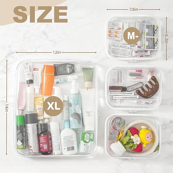 Clear Hard Shell Zipper Pouches, Clear Zipper Bags, Hard Case Pouches for Purse & Diaper Bag Organizer,and Travel Essentials (XXL+3M)