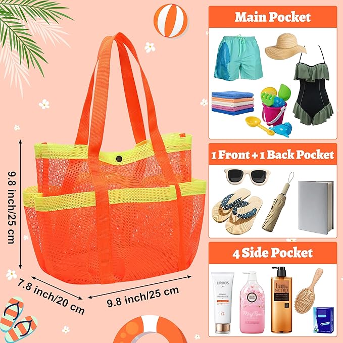 Mesh Beach Bag, Foldable Waterproof Sandproof Beach Storage Tote with 6 Pockets, Swim Tropical Vacation Pool Essential