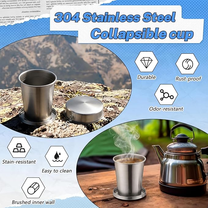 2 Pack 304 Stainless Steel Collapsible Cup 16 oz Folding Travel Cup with Lid and Keychain, Reusable Packable Camp Mug for Camping, Hiking, Picnic, Travel & Everyday Use