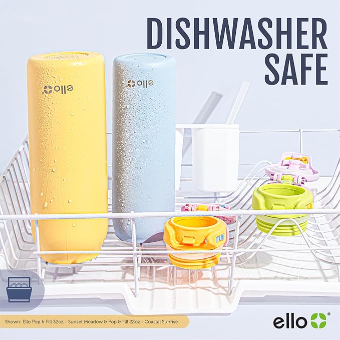Ello Pop & Fill 22oz Stainless Steel Water Bottle with QuickFill Technology, Double Walled and Vacuum Insulated Metal, Leak Proof Locking Lid, Straw and Chug, Reusable, BPA Free, Porcelain Rose