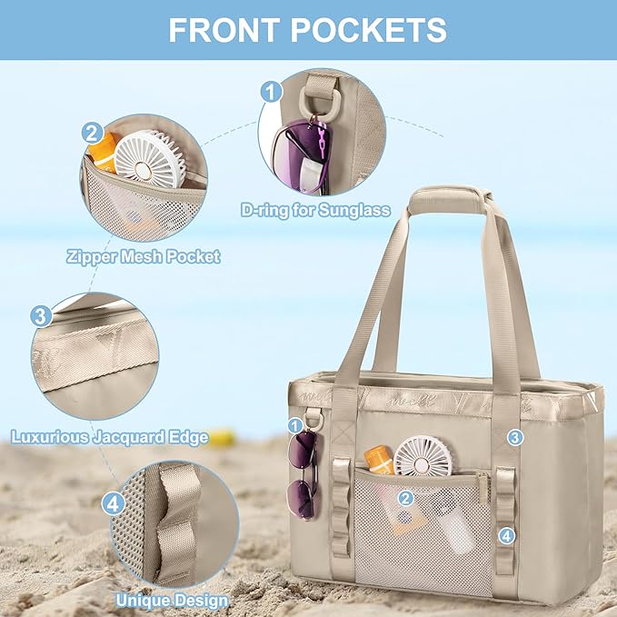 Yarwo Beach Bag for Women, Sandproof Swim Tote Bag with Cooler Compartment and Wet & Dry Pockets for Pool Cruise Vacation