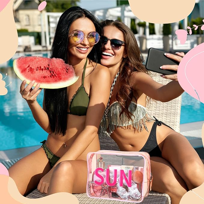 Sun Clear Beach Makeup Bag 9.5" x 7" x 3.5" Large Cosmetic Pouch Pink Travel Toiletry Bag PVC Waterproof Transparent Zippered Organizer for Women Girl Summer
