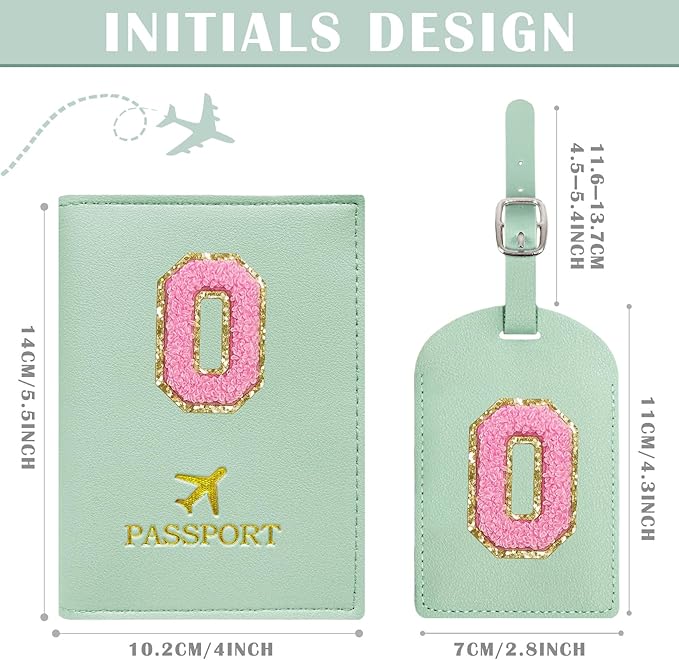 COSHAYSOO Women Teen Girls Initial Passport Cover Luggage Tag Set Letter Passport Holder Airplane Cruise Travel Essentials Vacation Traveling Accessories Personalized Teal O