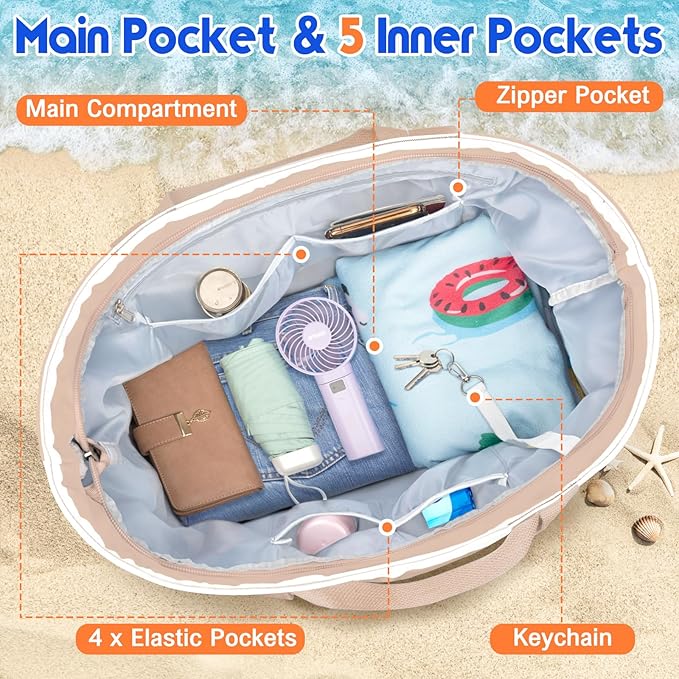 BKNOOU Extra Large Beach Bags Waterproof Sandproof XL Beach Tote Bag for Women Zipper Foldable Swim Pool Bag with Wet Pocket