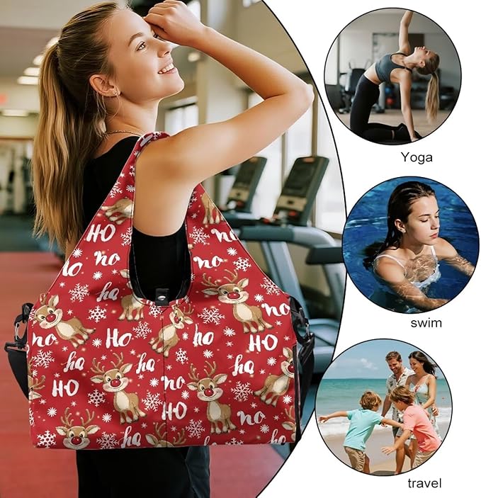 Christmas Reindeer Cute Gym Bag for Women with Yoga Mat Holder Sports Weekender Bags with Shoe Compartment Mini Duffel Bag for Travel Carry On Stylish Christmas Bag, Red