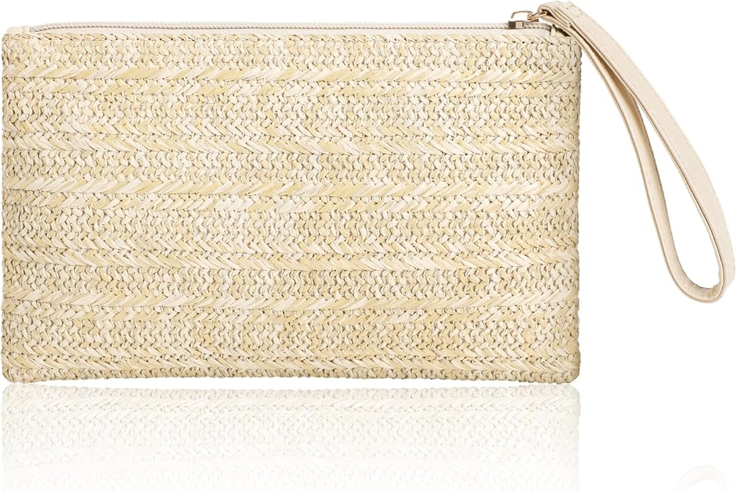 Clothirily Straw Purse Bag for Women Bohemian Handbag with Zipper Wristlet, Beach Clutch Womens Straw Clutch Purse for Summer
