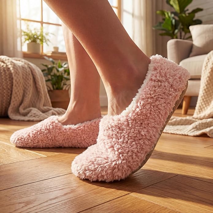 Cozylook 2-Pair Women's Soft Sole Slipper Socks with Grippers, Thick Warm Cozy Sherpa Lined Home Socks Set, Cable Knitted Non-slip Fluffy Winter House Bedroom Slippers