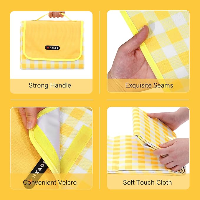 HX&OD Picnic Blanket Outdoor Extra Large Picnic Mat 80"X60" Camping Blanket Beach Blanket Foldable Waterproof Sand Mat Hiking Travel Family Concerts(Yellow)