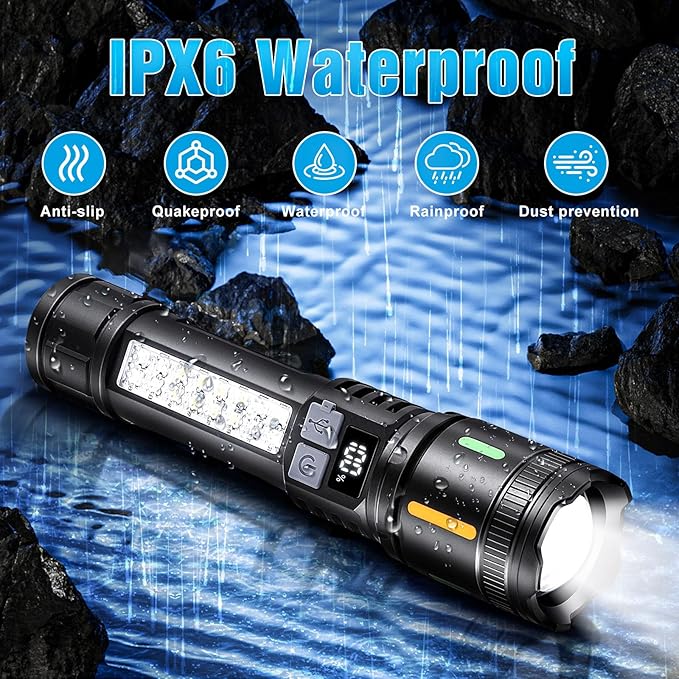 Rechargeable LED Flashlights High Lumens - 3000LM Super Bright Tactical Flashlight with Cob Sidelight, 5 Light Modes, IPX6 Waterproof, Powerful Flash Light for Camping Home Emergencies（2 Pack）