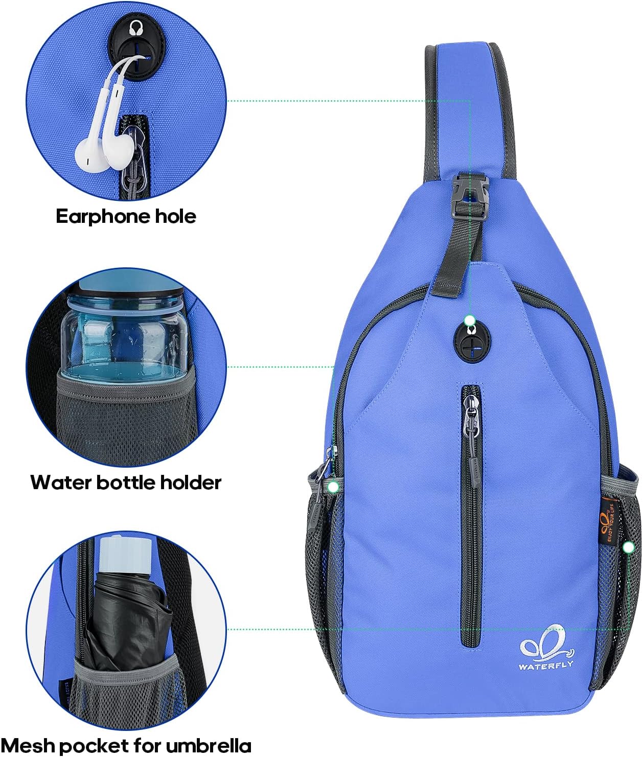 WATERFLY Crossbody Sling Backpack Sling Bag Travel Hiking Chest Bag Daypack