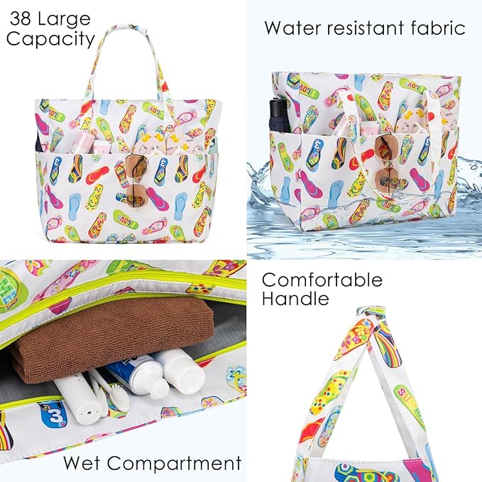KABAQOO Extra Large Beach Bag Waterproof Sandproof Women Beach Tote with Zipper & Wet Compartment for Pool Gym Grocery Travel