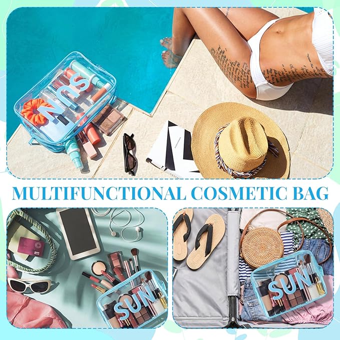 Clear Sun Bag Travel Beach Makeup Pouch 9.5" x 7" x 3.5" Large Blue Toiletry Cosmetic Bag PVC Waterproof Transparent Zippered Organizer for Women Girl Summer