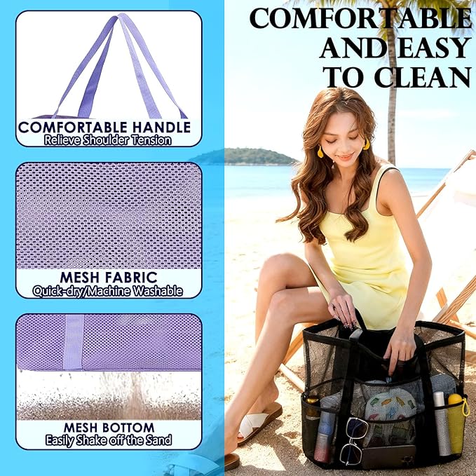Mesh Beach Bag, Large Beach Tote with Zipper Pocket, Toys Pool Bag for Family Travel Vacation Cruise Essentials