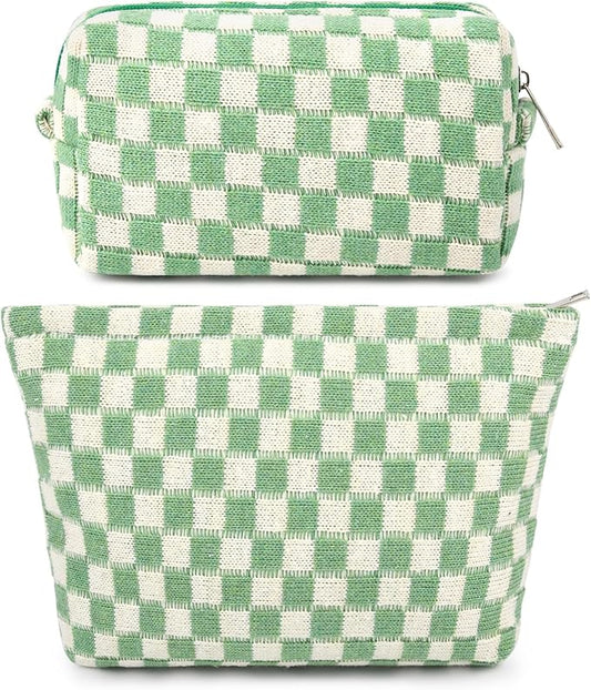 SOIDRAM 2 Pcs Checkered Makeup Bag Large Cosmetic Bag Toiletry Bag Makeup Pouch Travel Bag Organizer Cute Makeup Brushes Aesthetic Accessories Storage Bag for Women Green